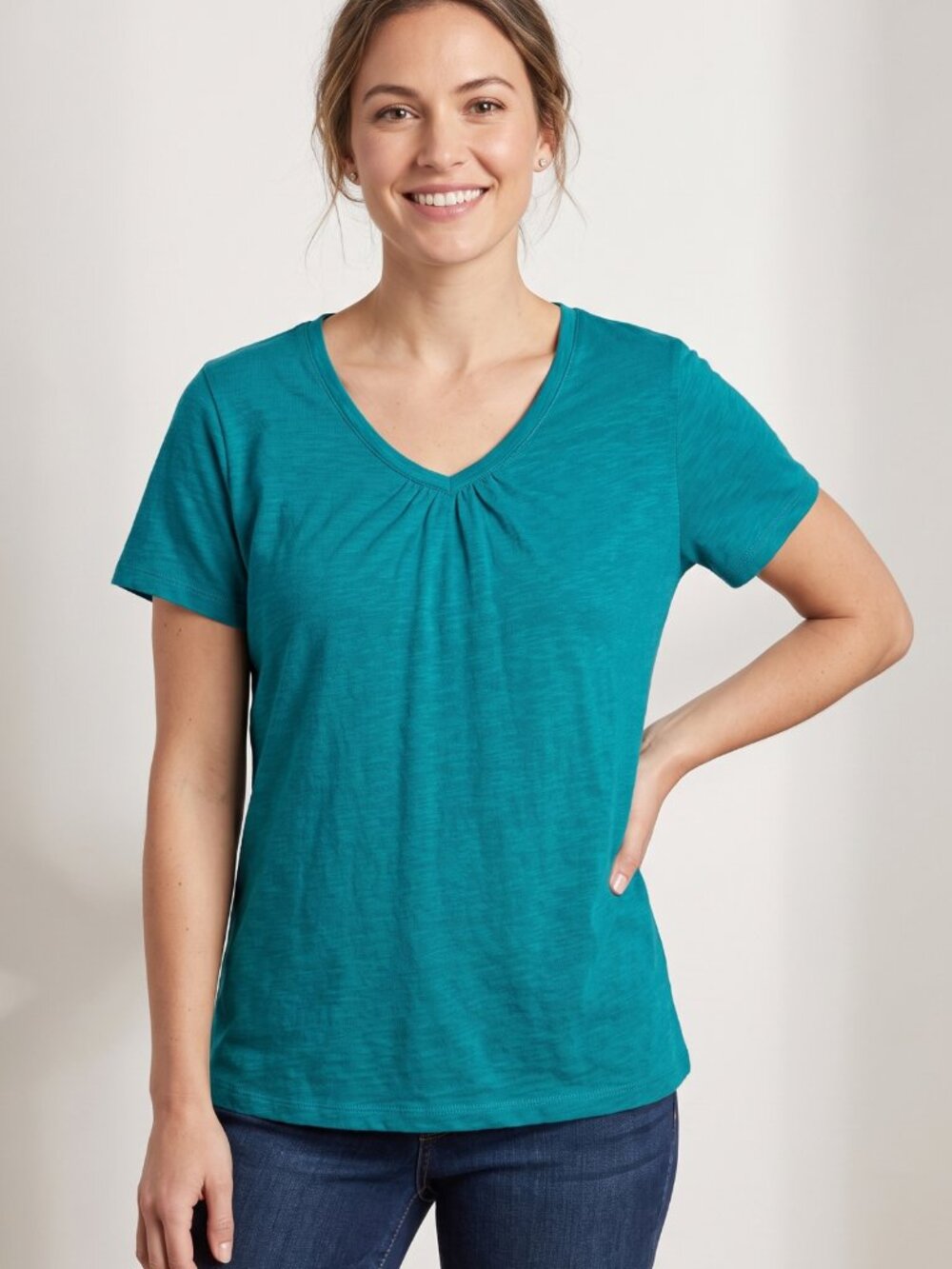 NWOT Hanes Teal Blue V-Neck Short Sleeve Ruched Casual T-Shirt XL 16-18